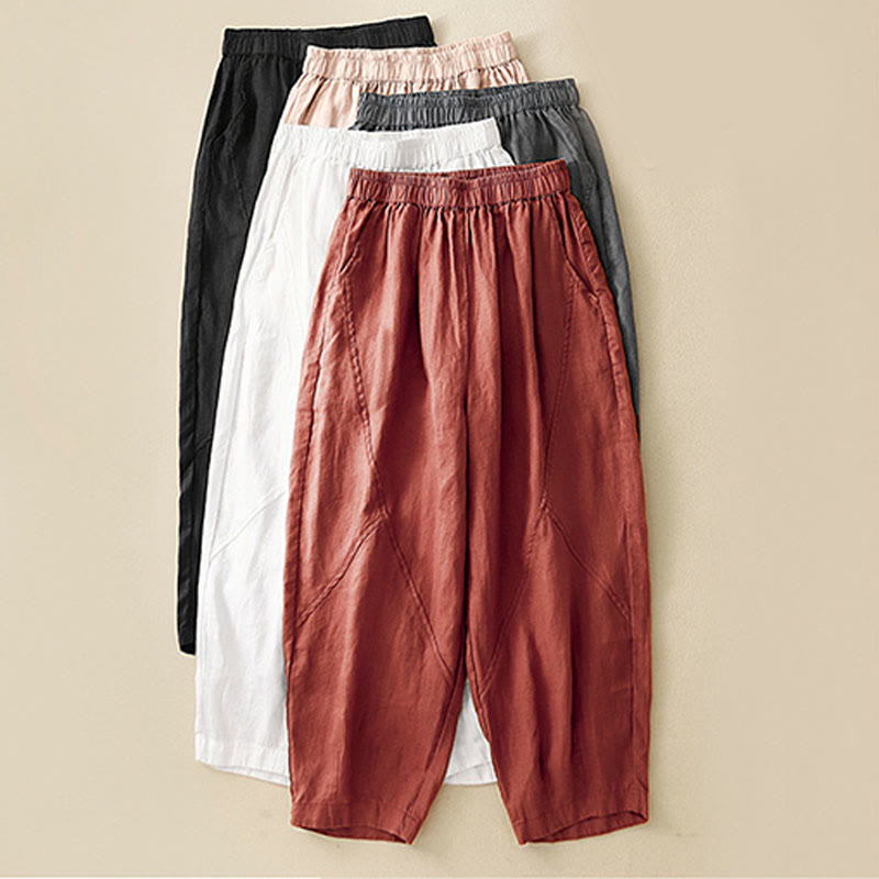 Buddha Stones Casual Plain Cropped Pants Women's Cotton Linen Harem Pants With Pockets - image 29