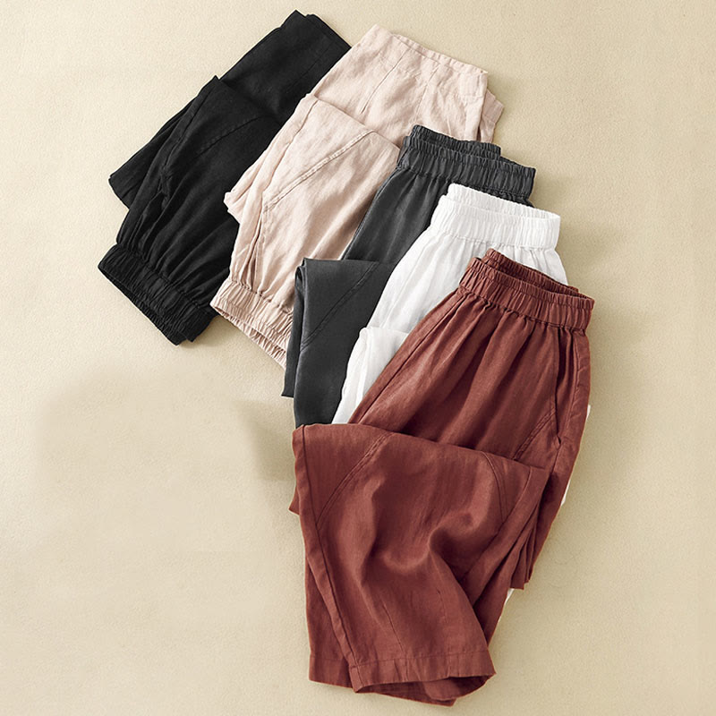 Buddha Stones Casual Plain Cropped Pants Women's Cotton Linen Harem Pants With Pockets - image 30