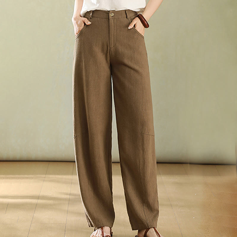 Buddha Stones Pure Color Buttons Women's Linen Pants With Pockets - Peru - US6，UK/AU10，EU38 (XL) - image 0