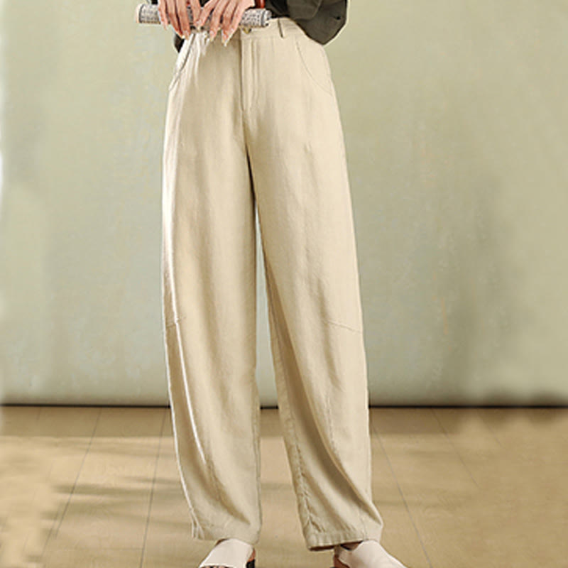 Buddha Stones Pure Color Buttons Women's Linen Pants With Pockets - Cornsilk - US6，UK/AU10，EU38 (XL) - image 2