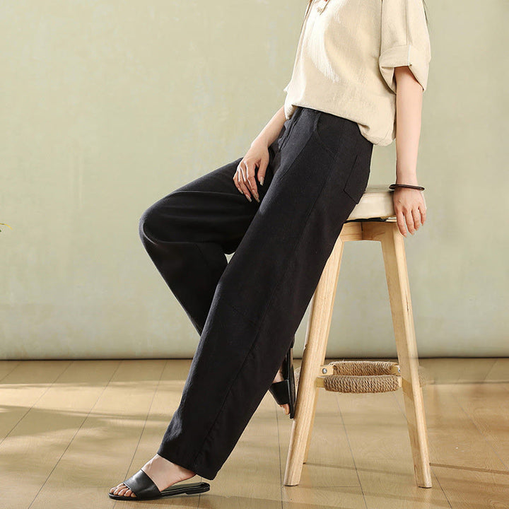 Buddha Stones Pure Color Buttons Women's Linen Pants With Pockets - Black - US6，UK/AU10，EU38 (XL) - image 12