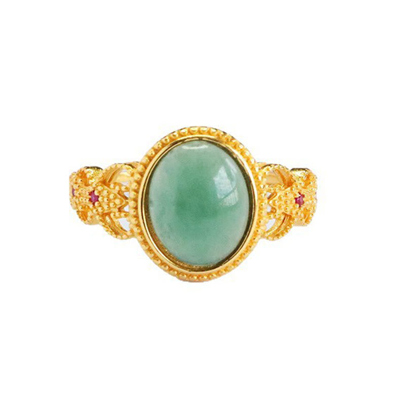 Buddha Stones Natural 925 Sterling Silver Plated Gold Hollow Design Jade Luck Ring - image 12