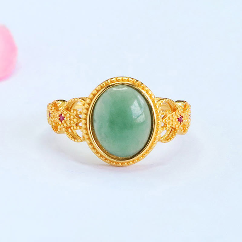 Buddha Stones Natural 925 Sterling Silver Plated Gold Hollow Design Jade Luck Ring - Jade - image 0