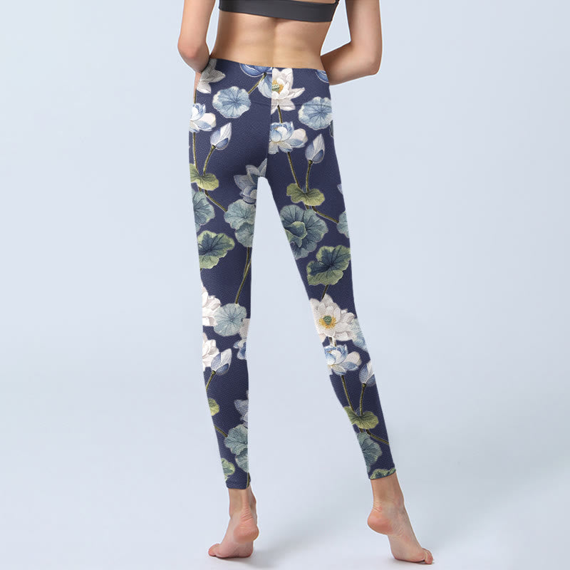 Buddha Stones Blue White Lotus Flowers Oil Painting Print Gym Leggings Women's Yoga Pants - image 6