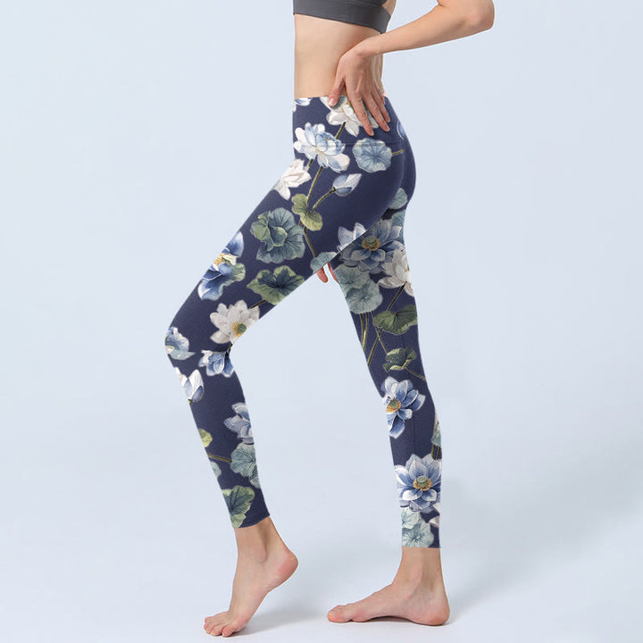 Buddha Stones Blue White Lotus Flowers Oil Painting Print Gym Leggings Women's Yoga Pants - image 2