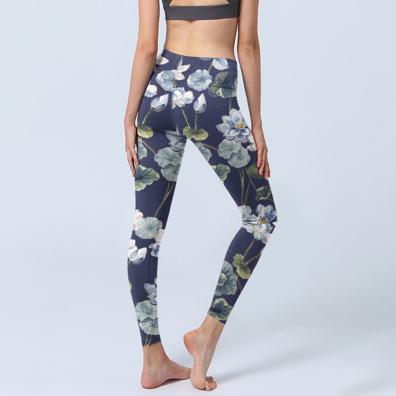 Buddha Stones Blue White Lotus Flowers Oil Painting Print Gym Leggings Women's Yoga Pants - image 4