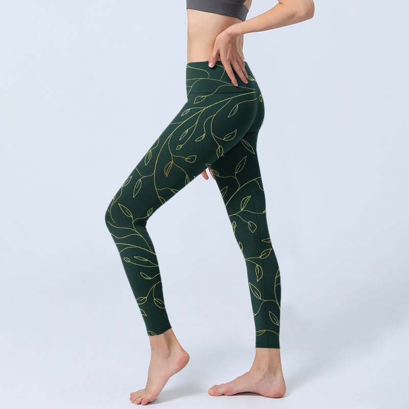 Buddha Stones Green Golden Leaves Branches Print Gym Leggings Women's Yoga Pants - image 2