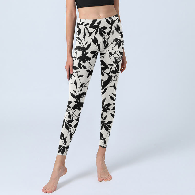 Buddha Stones Black Leaves Print Gym Leggings Women's Yoga Pants - image 5
