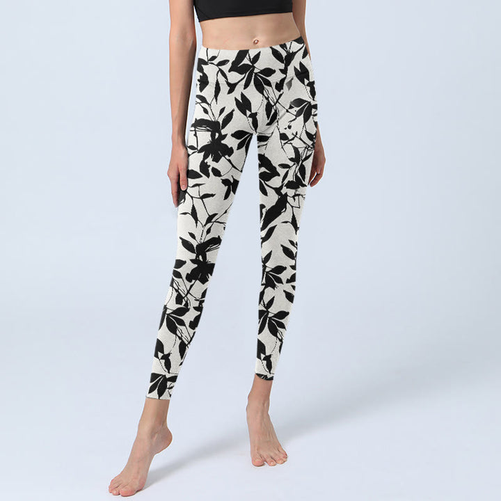 Buddha Stones Black Leaves Print Gym Leggings Women's Yoga Pants - image 5