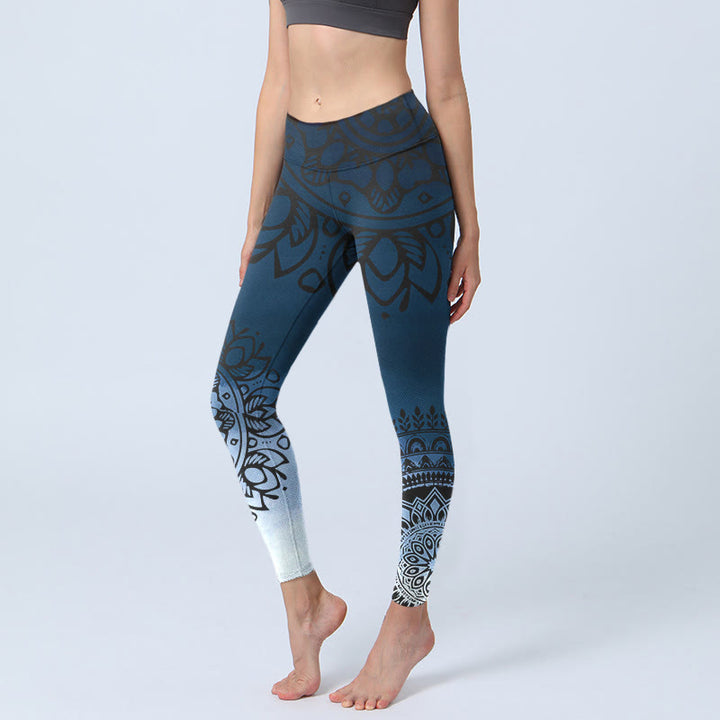 Buddha Stones Circular Mandala Flower Print Gym Leggings Women's Yoga Pants - SteelBlue - US18，UK/AU22，EU50 (4XL) - image 0