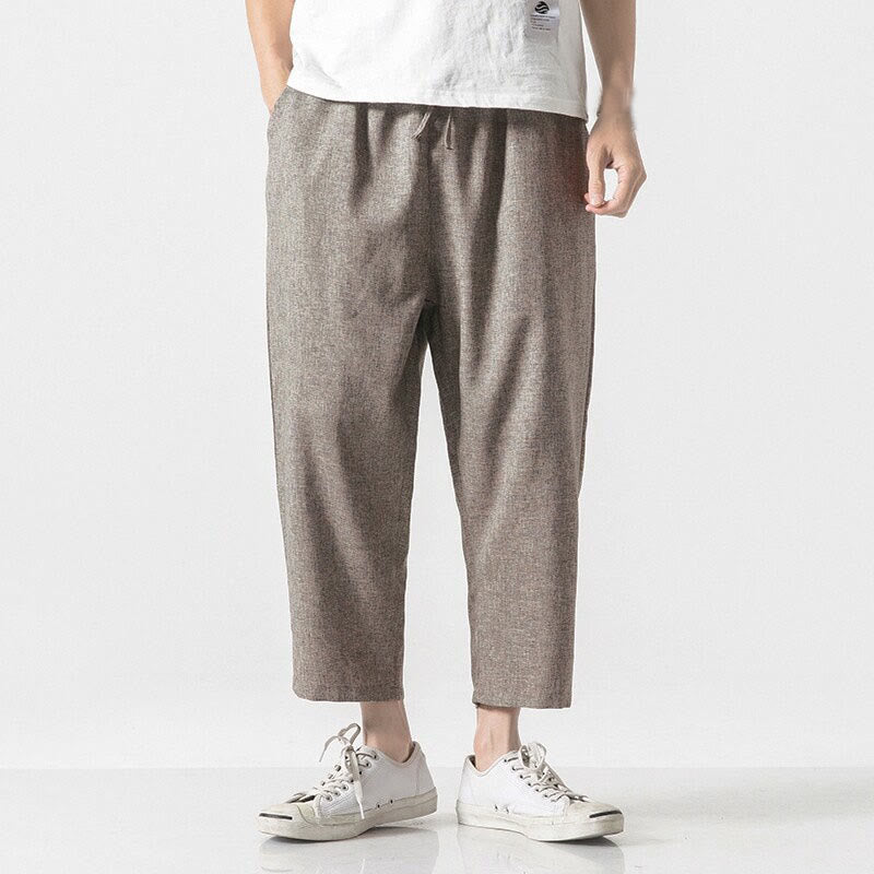 Buddha Stones Summer Plain Men's 7-8 Length Cotton Linen Pants With Pockets - image 1