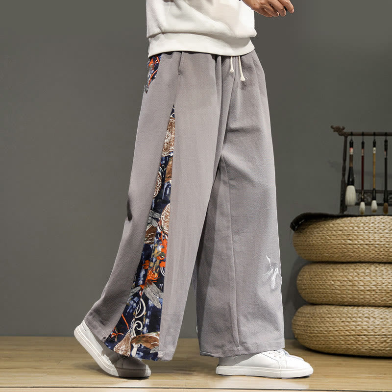 Buddha Stones Crane Embroidery Drawstring Men's Cotton Linen Wide Leg Pants With Pockets - LightGrey - US/UK/AU46，EU56 (5XL) - image 21