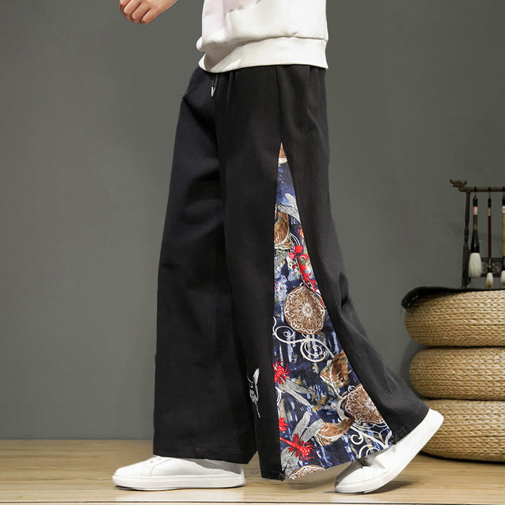 Buddha Stones Crane Embroidery Drawstring Men's Cotton Linen Wide Leg Pants With Pockets - Black - US/UK/AU46，EU56 (5XL) - image 8