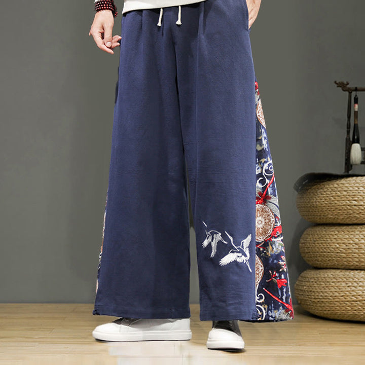 Buddha Stones Crane Embroidery Drawstring Men's Cotton Linen Wide Leg Pants With Pockets - SteelBlue - US/UK/AU46，EU56 (5XL) - image 0