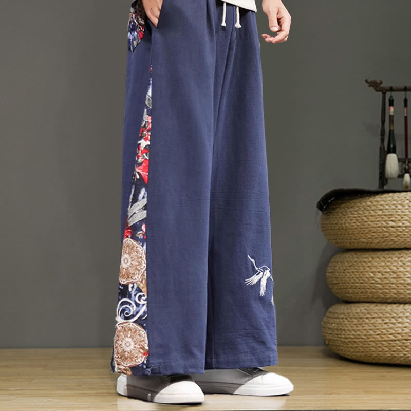 Buddha Stones Crane Embroidery Drawstring Men's Cotton Linen Wide Leg Pants With Pockets - image 3