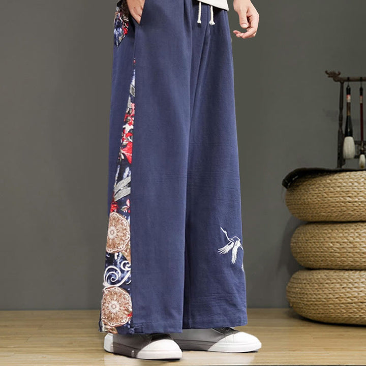 Buddha Stones Crane Embroidery Drawstring Men's Cotton Linen Wide Leg Pants With Pockets - image 3