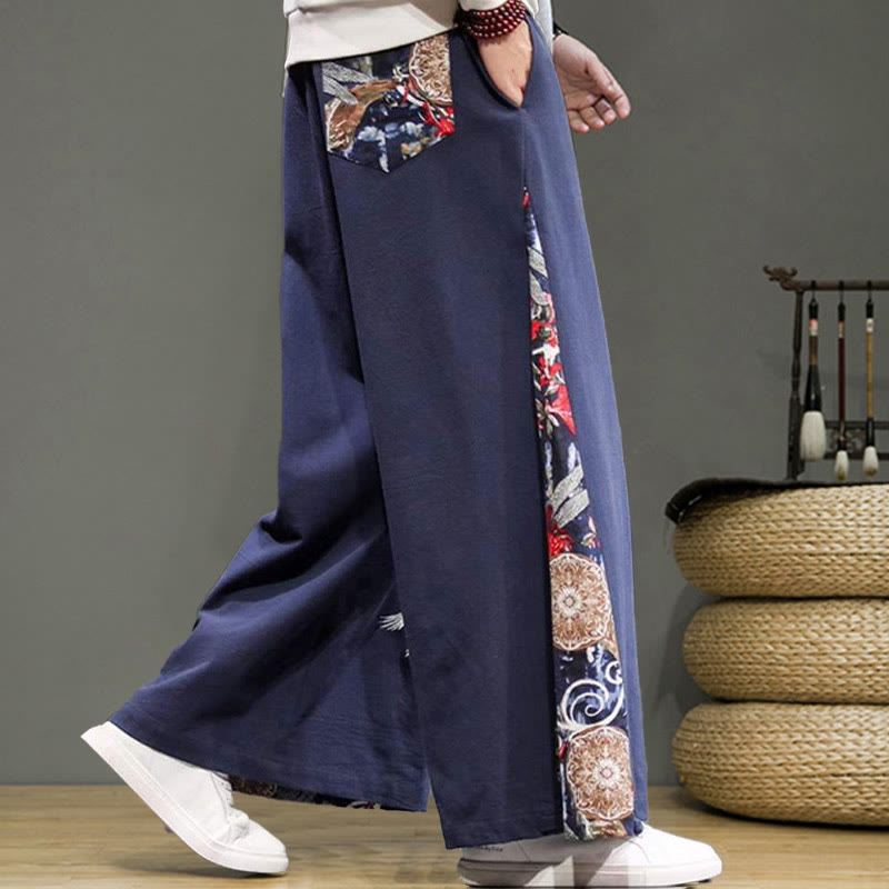 Buddha Stones Crane Embroidery Drawstring Men's Cotton Linen Wide Leg Pants With Pockets - image 5