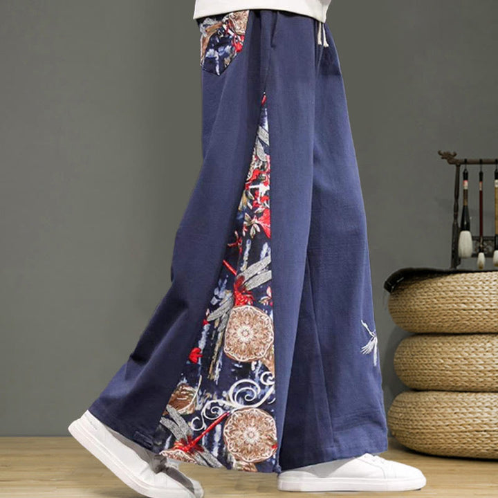 Buddha Stones Crane Embroidery Drawstring Men's Cotton Linen Wide Leg Pants With Pockets - image 6