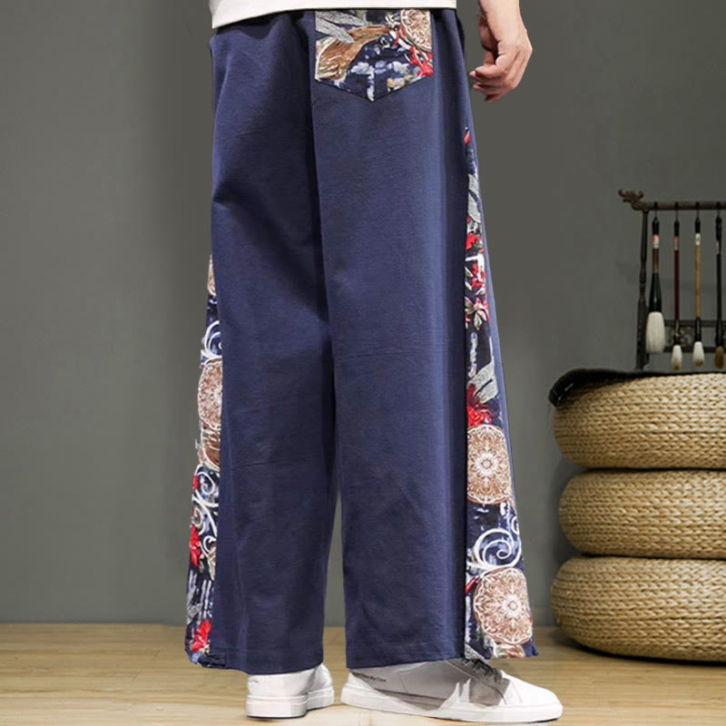 Buddha Stones Crane Embroidery Drawstring Men's Cotton Linen Wide Leg Pants With Pockets - image 4