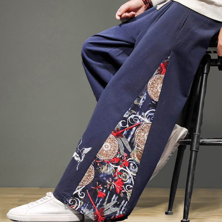 Buddha Stones Crane Embroidery Drawstring Men's Cotton Linen Wide Leg Pants With Pockets - image 7