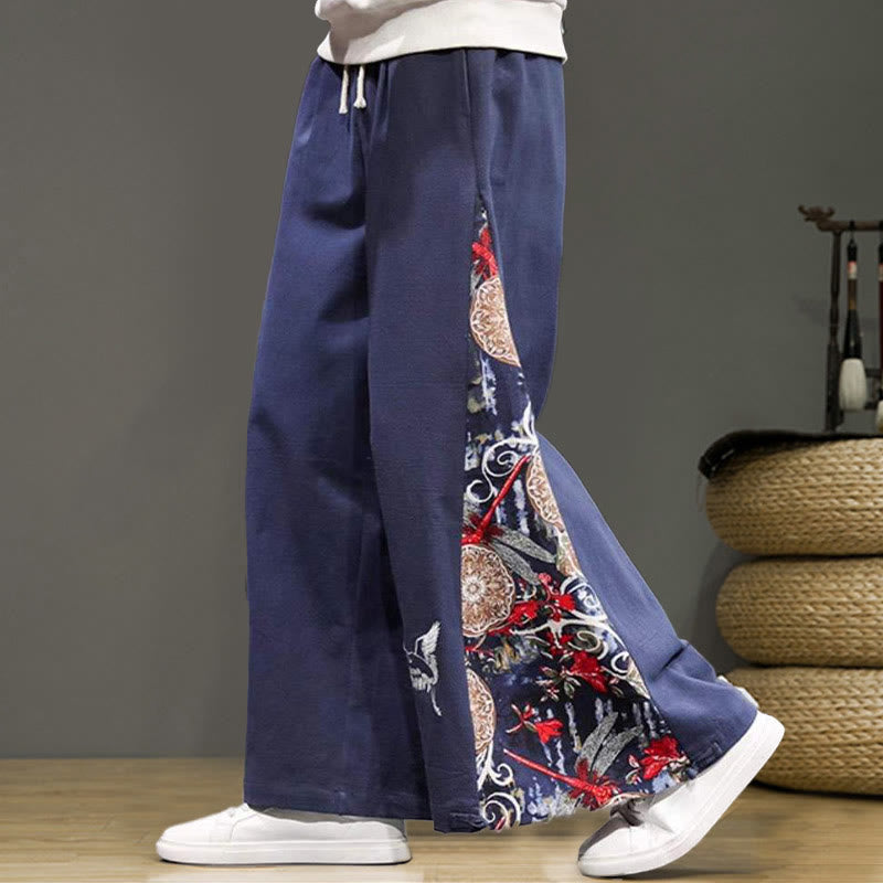 Buddha Stones Crane Embroidery Drawstring Men's Cotton Linen Wide Leg Pants With Pockets - image 1