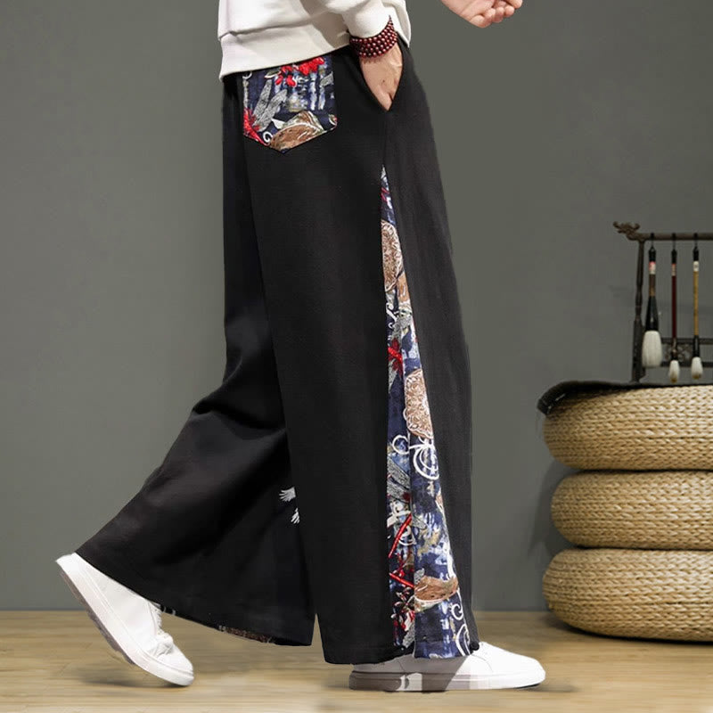 Buddha Stones Crane Embroidery Drawstring Men's Cotton Linen Wide Leg Pants With Pockets - image 15