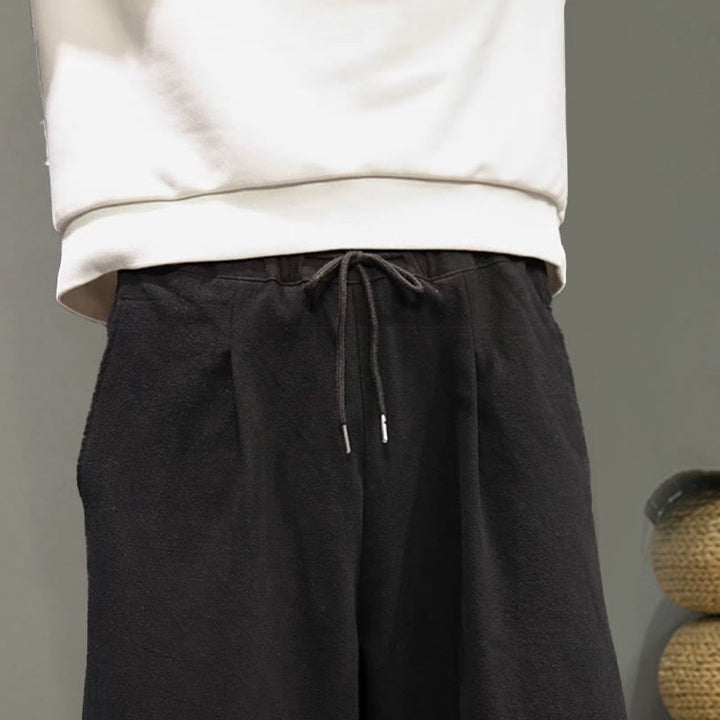 Buddha Stones Crane Embroidery Drawstring Men's Cotton Linen Wide Leg Pants With Pockets - image 17