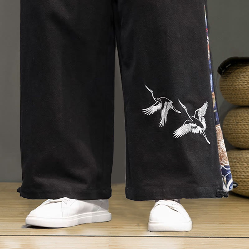 Buddha Stones Crane Embroidery Drawstring Men's Cotton Linen Wide Leg Pants With Pockets - image 20