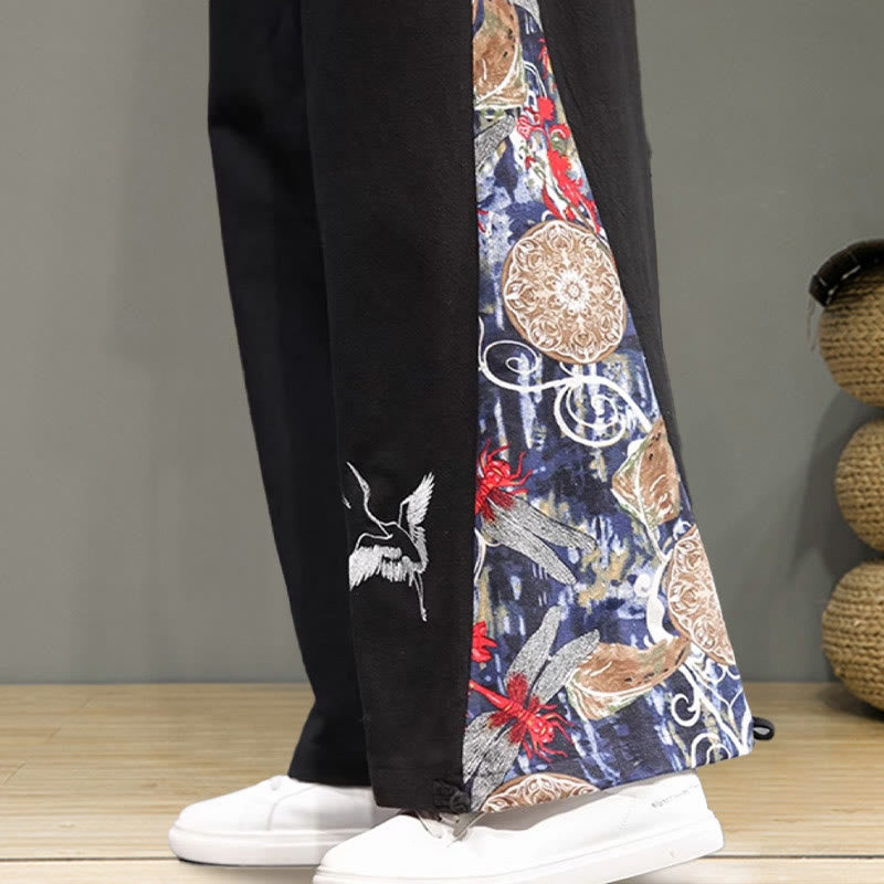 Buddha Stones Crane Embroidery Drawstring Men's Cotton Linen Wide Leg Pants With Pockets - image 19