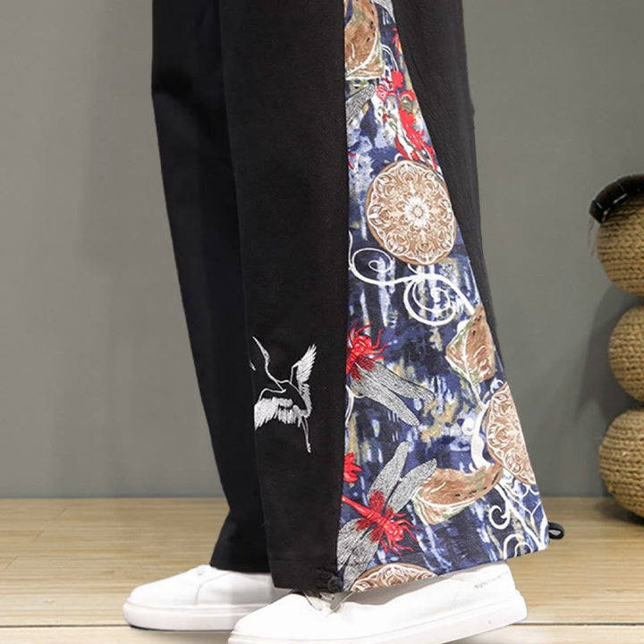 Buddha Stones Crane Embroidery Drawstring Men's Cotton Linen Wide Leg Pants With Pockets - image 19