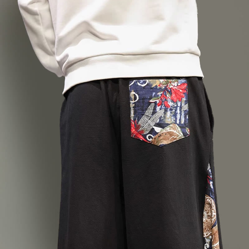 Buddha Stones Crane Embroidery Drawstring Men's Cotton Linen Wide Leg Pants With Pockets - image 18