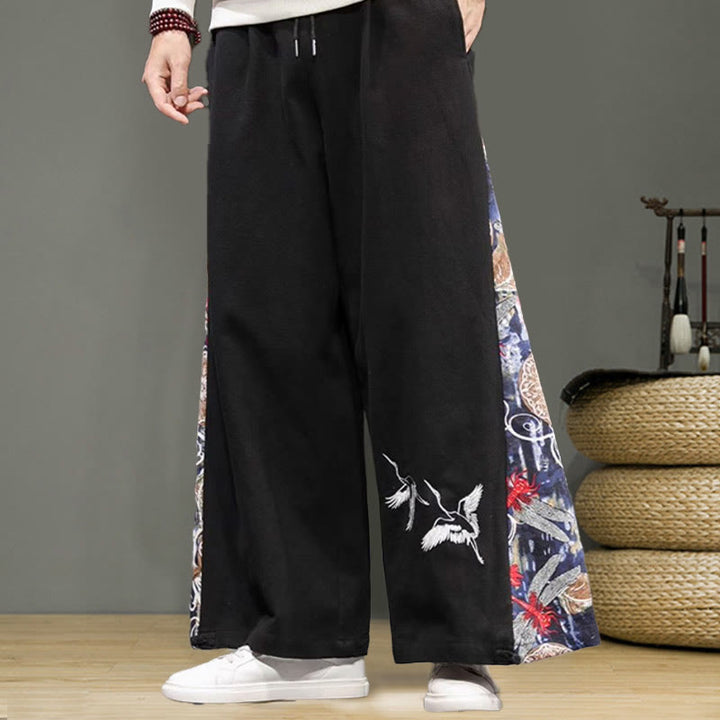 Buddha Stones Crane Embroidery Drawstring Men's Cotton Linen Wide Leg Pants With Pockets - image 10