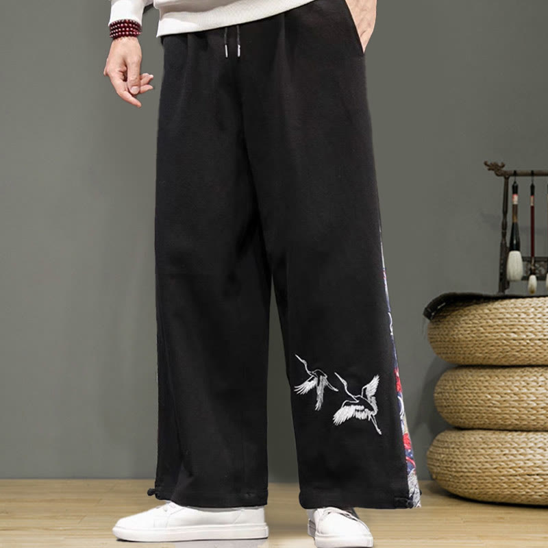 Buddha Stones Crane Embroidery Drawstring Men's Cotton Linen Wide Leg Pants With Pockets - image 9