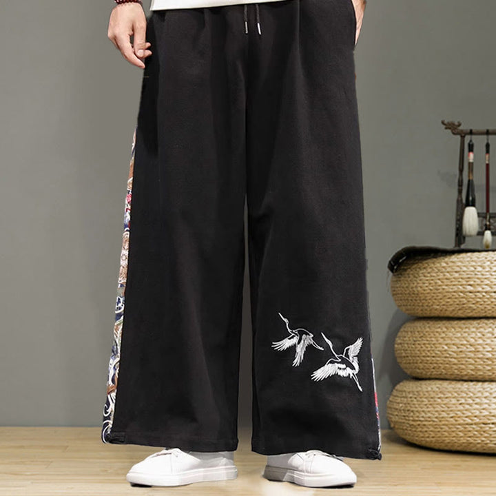 Buddha Stones Crane Embroidery Drawstring Men's Cotton Linen Wide Leg Pants With Pockets - image 13