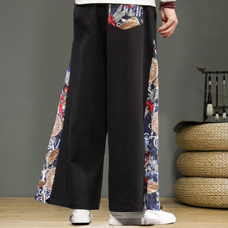 Buddha Stones Crane Embroidery Drawstring Men's Cotton Linen Wide Leg Pants With Pockets - image 11