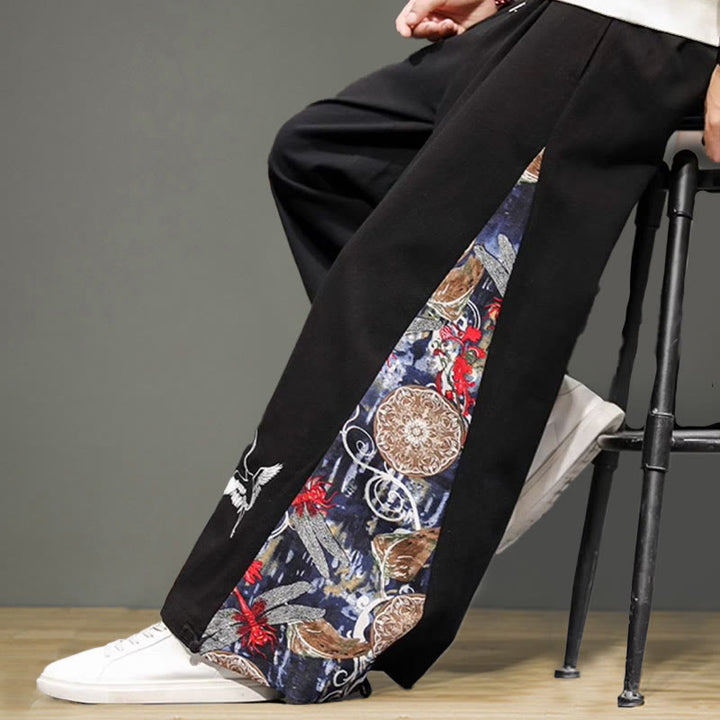 Buddha Stones Crane Embroidery Drawstring Men's Cotton Linen Wide Leg Pants With Pockets - image 12