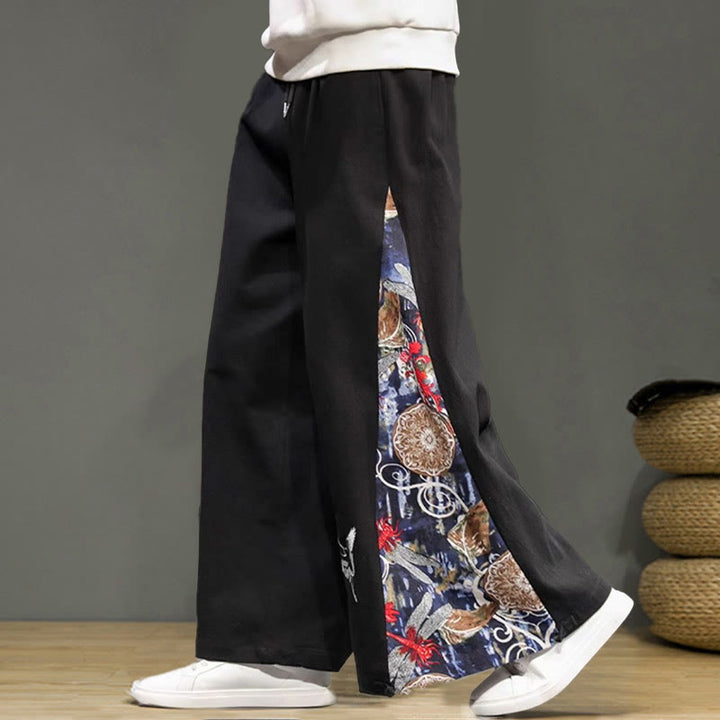 Buddha Stones Crane Embroidery Drawstring Men's Cotton Linen Wide Leg Pants With Pockets - image 16