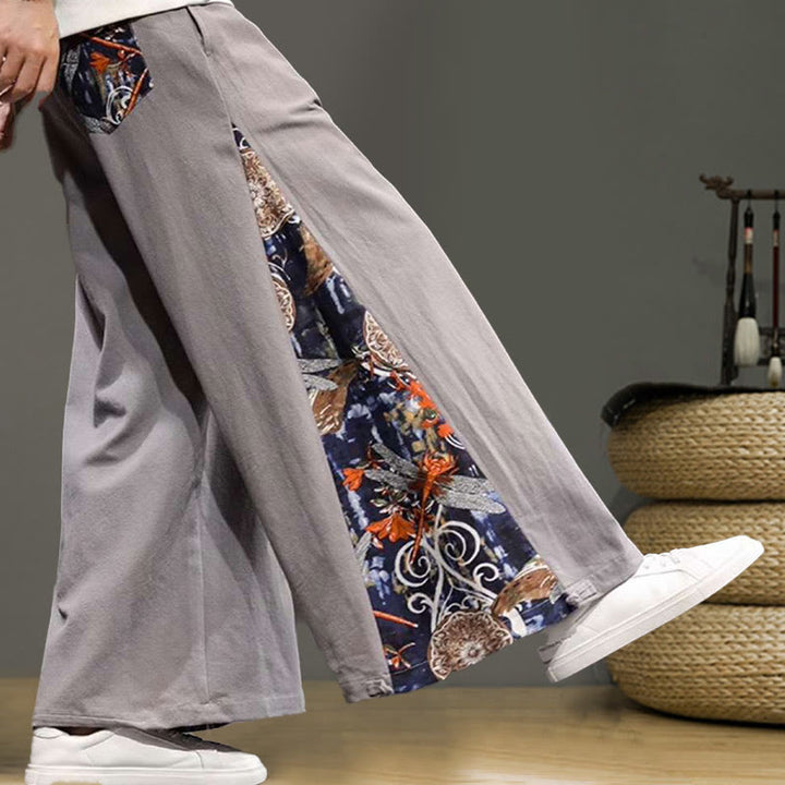 Buddha Stones Crane Embroidery Drawstring Men's Cotton Linen Wide Leg Pants With Pockets - image 28