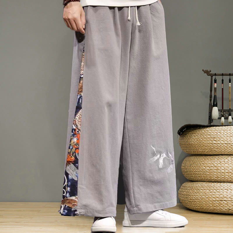 Buddha Stones Crane Embroidery Drawstring Men's Cotton Linen Wide Leg Pants With Pockets - image 23