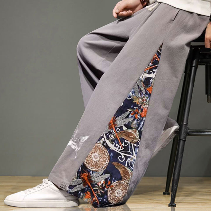 Buddha Stones Crane Embroidery Drawstring Men's Cotton Linen Wide Leg Pants With Pockets - image 29