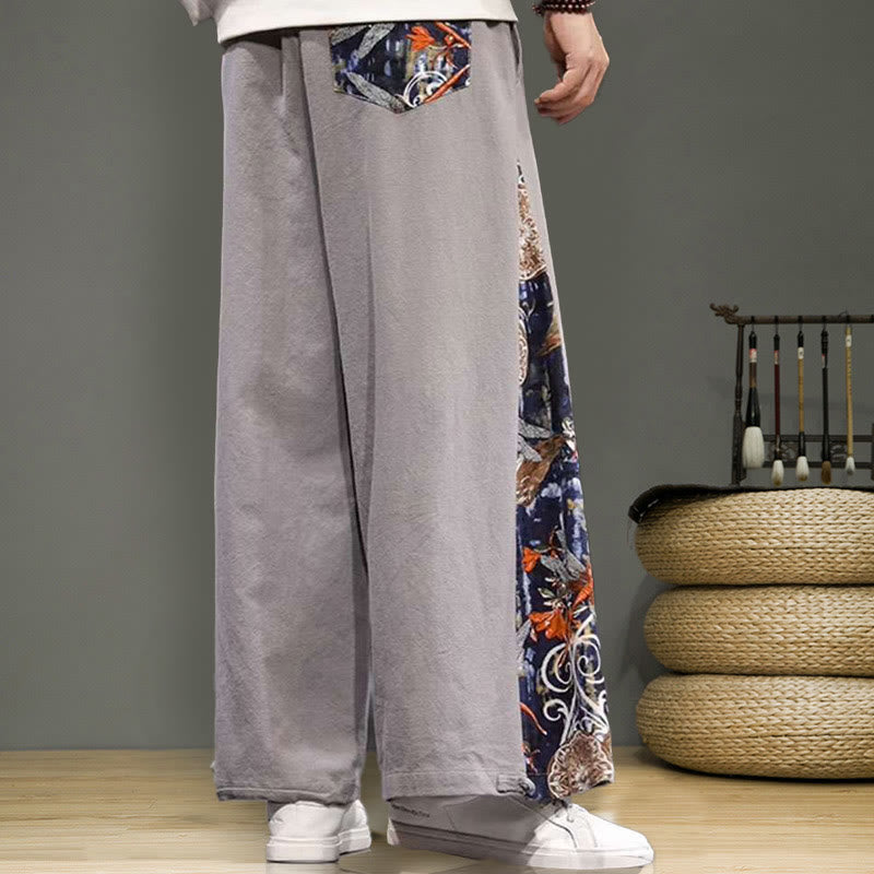Buddha Stones Crane Embroidery Drawstring Men's Cotton Linen Wide Leg Pants With Pockets - image 24