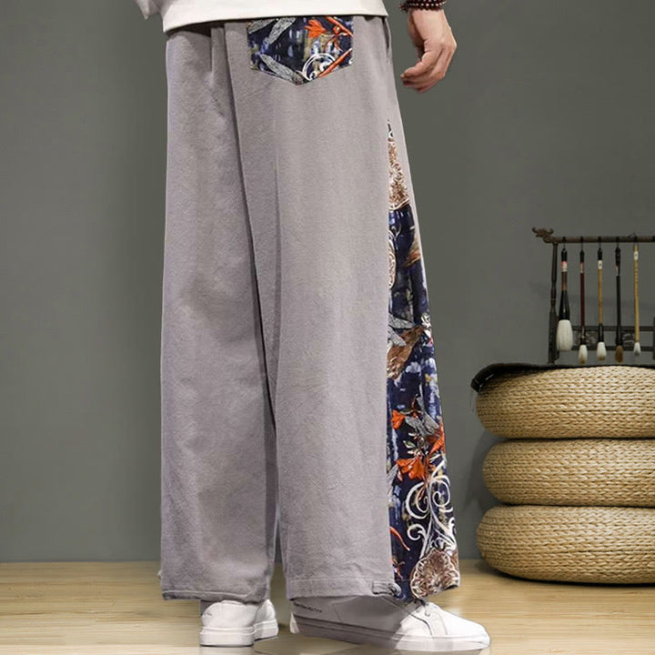 Buddha Stones Crane Embroidery Drawstring Men's Cotton Linen Wide Leg Pants With Pockets - image 24