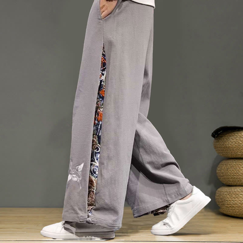 Buddha Stones Crane Embroidery Drawstring Men's Cotton Linen Wide Leg Pants With Pockets - image 25