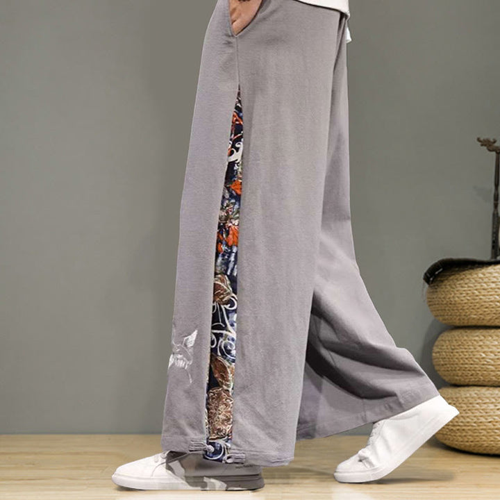 Buddha Stones Crane Embroidery Drawstring Men's Cotton Linen Wide Leg Pants With Pockets - image 22