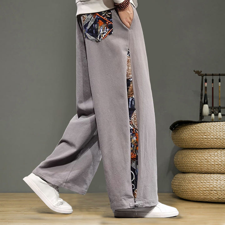 Buddha Stones Crane Embroidery Drawstring Men's Cotton Linen Wide Leg Pants With Pockets - image 27