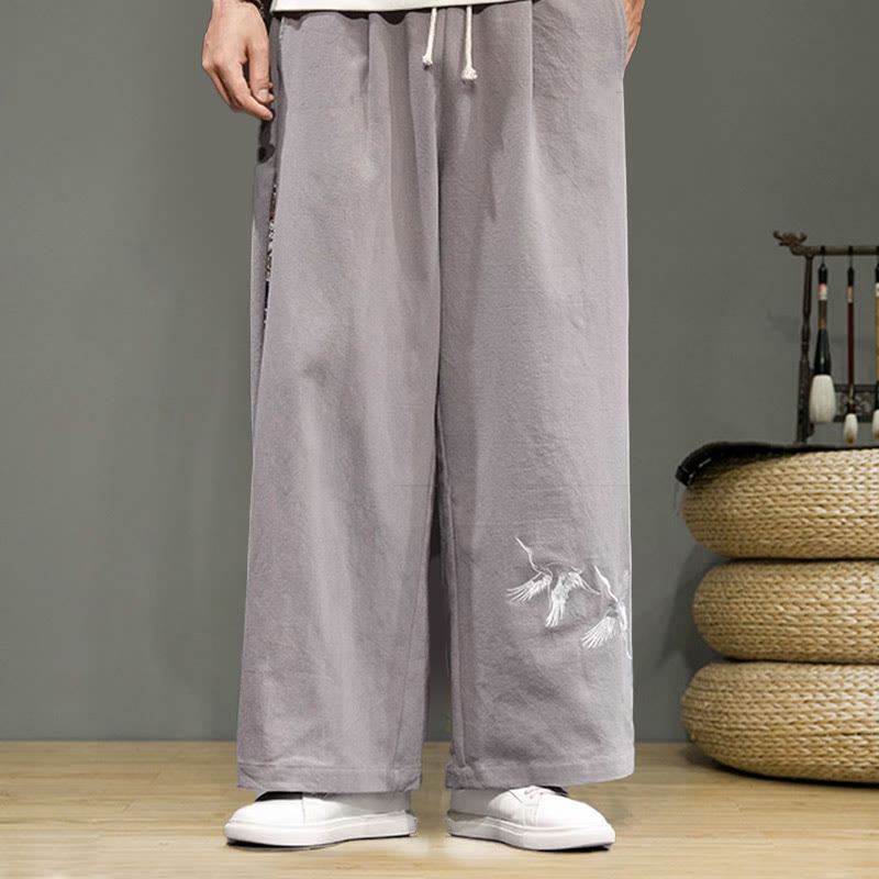 Buddha Stones Crane Embroidery Drawstring Men's Cotton Linen Wide Leg Pants With Pockets - image 26