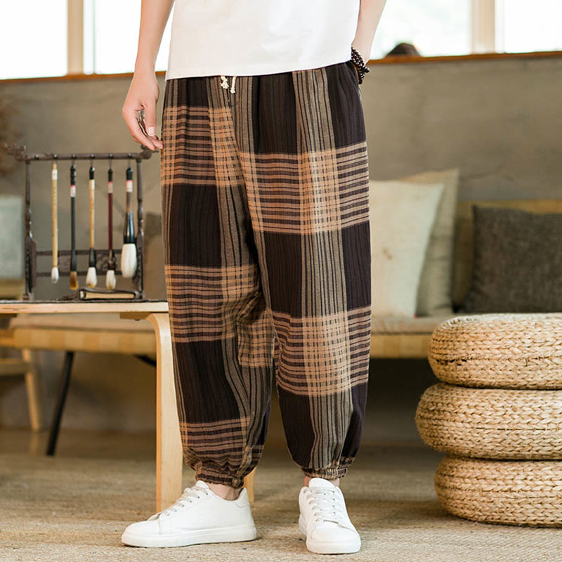 Buddha Stones Summer Checkered Stripes Cotton Linen Men's Harem Pants With Pockets - image 2