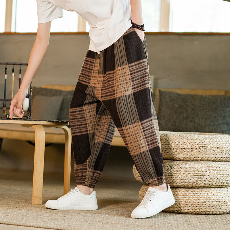 Buddha Stones Summer Checkered Stripes Cotton Linen Men's Harem Pants With Pockets - Tan - US/UK/AU46，EU56 (5XL) - image 0