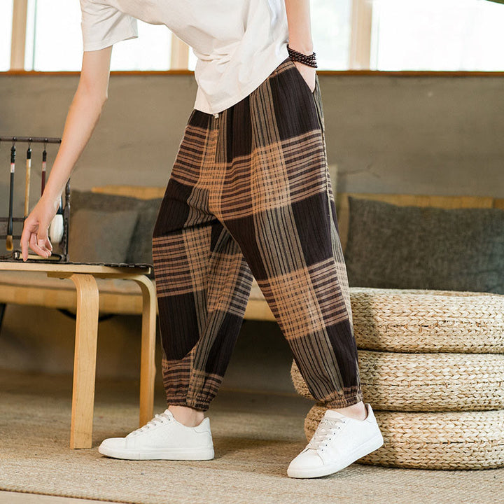 Buddha Stones Summer Checkered Stripes Cotton Linen Men's Harem Pants With Pockets - Tan - US/UK/AU46，EU56 (5XL) - image 0