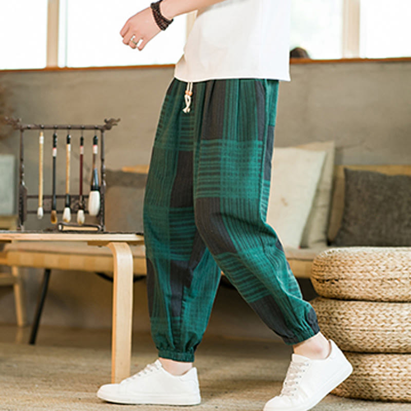 Buddha Stones Summer Checkered Stripes Cotton Linen Men's Harem Pants With Pockets - Green - US/UK/AU46，EU56 (5XL) - image 9
